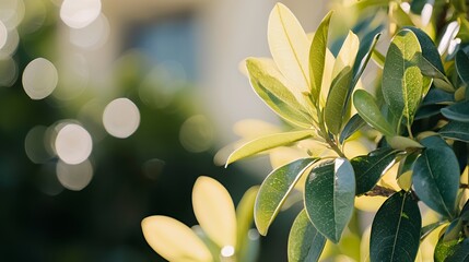 Close Up of Green and Yellow Leaves with Sunlight and Bokeh Background