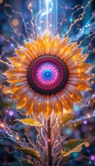 Magical Illuminated Sunflower Blooming at Night Digital Art Surreal Flower