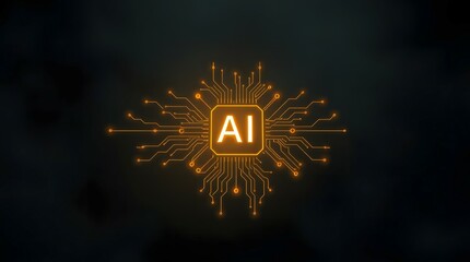 Futuristic AI Circuit Glowing with Golden Light – Abstract Digital Technology Background, Artificial Intelligence Chip with Neural Connections – Sci-Fi Cyber Tech Design