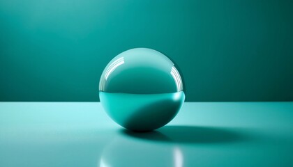 Minimalist composition featuring a glossy turquoise sphere on a smooth surface against a...