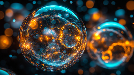 Close-up of blue exosome particles within transparent spheres, symbolizing cutting-edge biotechnology in cosmetology and trichology, with blurred light tones representing scientific chaos and innovati