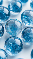 Close-up of blue exosome particles within transparent spheres, symbolizing cutting-edge biotechnology in cosmetology and trichology, with blurred light tones representing scientific chaos and innovati