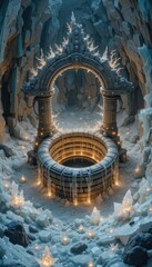 Enchanting Fantasy Cave with Ancient Stone Archway and Glowing Crystals Surrounding a Mystical Well