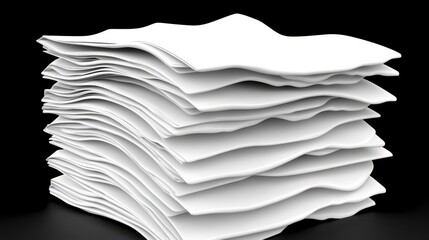 High Angle Close up of a Stack of White Papers with Wavy Edges on Dark Background