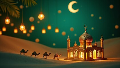Fototapeta premium eid mubarak greeting with caravan and golden mosque background
