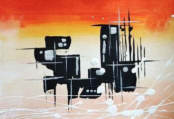 Fototapeta premium Contemporary bright orange sunset abstraction urban painting background texture