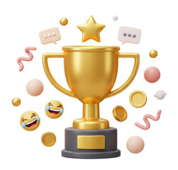 3D Trophy cup with floating chat box, emoji, ribbon and geometric shapes on purple background.