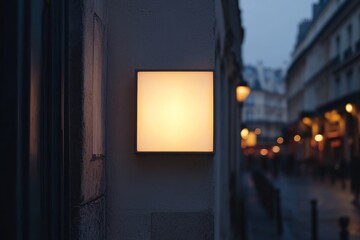 Illuminated square sign on a building at night.