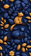 Fototapeta premium Charming Squirrel Duo Amidst Indigo Leaves and Gold Blooms in a Stylized Woodland Scene