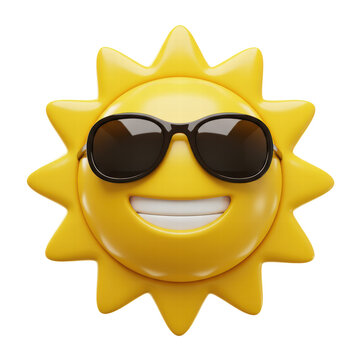 Naklejki Cartoon sun with sunglasses emoji isolated on white background, sunshine emoticon 3d rendering