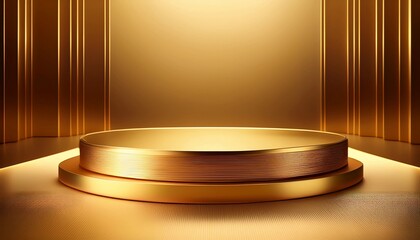 Luxurious golden podium with a sleek, metallic finish, illuminated by warm lighting. A sophisticated, elegant background perfect for product display, branding, and premium design concepts.