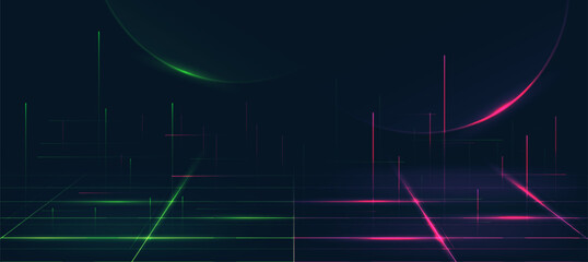 Futuristic digital neon motion lines technology background, glowing grid pink with green innovation, cyberpunk background for tech event poster or presentation business