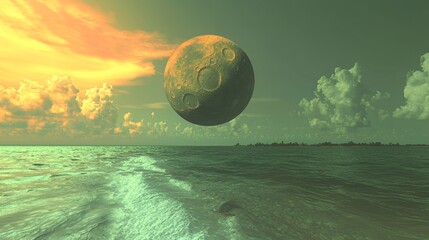Pixel Art of a Green Planet Over a Calm Teal Ocean at Sunset