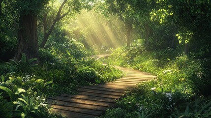 Obraz premium A serene wooden boardwalk meanders through a verdant forest, with sunlight dappling its polished planks amidst towering trees and rustling foliage