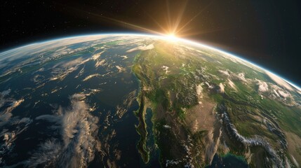 Fototapeta premium Stunning Sunrise Over Earth from Space with Vibrant Colors and Dramatic Cloud Patterns in High Definition View