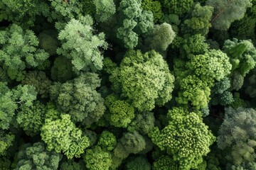 Aerial View of Dense Green Forest Canopy with Various Tree Types and Lush Foliage in Natural Environment