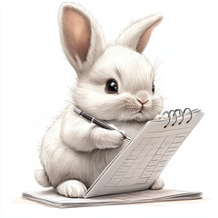 Cute bunny writing in office with pen and notebook, adorable scene