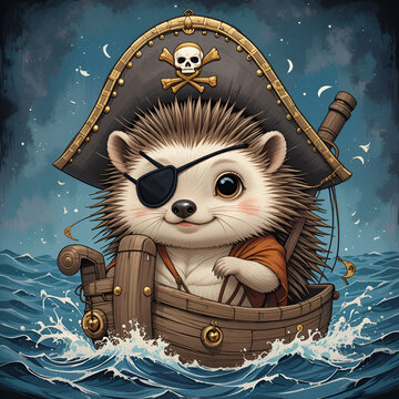 Adorable hedgehog in pirate attire sailing the high seas with a hat and eyepatch.