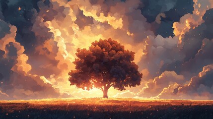 A majestic tree stands amidst vibrant flames of orange and yellow, under a dramatic sky where sunlight pierces dark clouds, casting an ethereal glow on this fiery landscape
