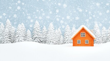 Snowy Winter Landscape With Orange Cabin