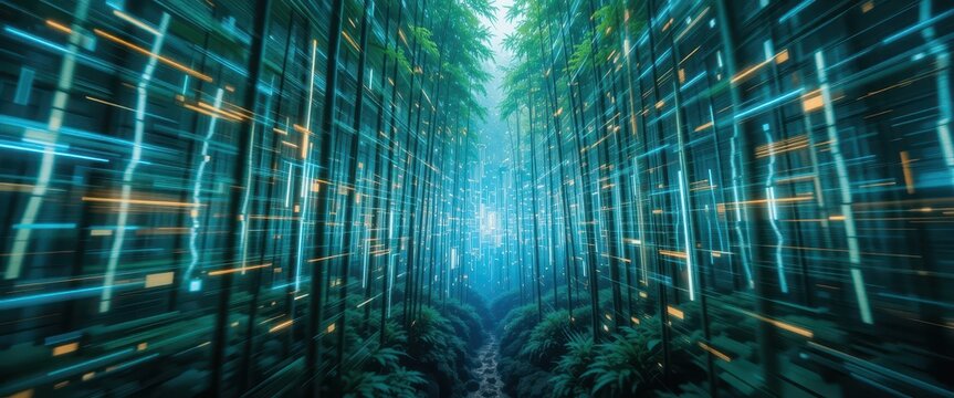 Futuristic Digital Data Stream flowing through a lush green Bamboo Forest Pathway