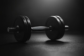 A single black weightlifting dumbbell rests on a textured surface