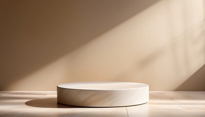 Minimalist round marble podium in a warm beige setting with soft natural light. Perfect for product display, branding, luxury interiors, and modern design concepts with an elegant aesthetic.