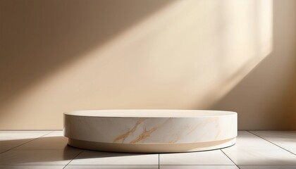 Minimalist round marble podium in a warm beige setting with soft natural light. Perfect for product display, branding, luxury interiors, and modern design concepts with an elegant aesthetic.