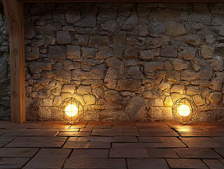 Cozy interior with two glowing wireframe lamps illuminating a rustic stone wall background