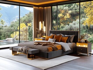 Cozy modern bedroom design with scenic view luxurious decor nature-inspired environment