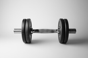 Fototapeta premium A single dumbbell resting on a smooth white surface