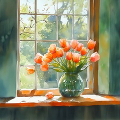 Spring Tulips in Vase at Windowsill