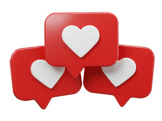 Set of heart in speech bubble icon isolated on a white background. Love like heart social media notification icon. Emoji, chat and Social Network. 3d rendering, 3d illustration