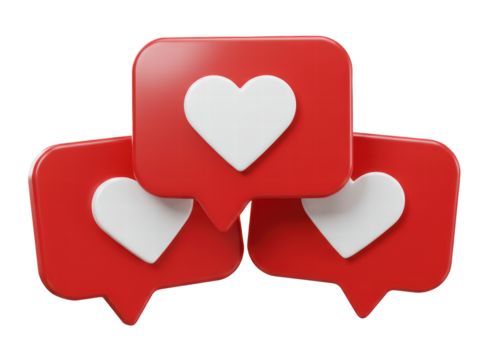 Set of heart in speech bubble icon isolated on a white background. Love like heart social media notification icon. Emoji, chat and Social Network. 3d rendering, 3d illustration