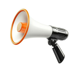 Stylish white and orange megaphone positioned on a bright background ready for announcements and amplifying voices isolated on transparent background..