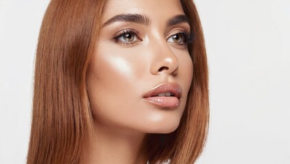 Fototapeta premium Portrait of a Beautiful Woman with Smooth Skin and Glossy Lips