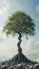 Majestic Twisted Tree on Mountaintop with Exposed Roots and Lush Green Leaves under a Cloudy Sky