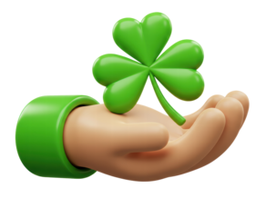 3d icon hand holding clover leaf. Business arm with green shamrock, luck and success symbol. cartoon realistic render illustration isolated.