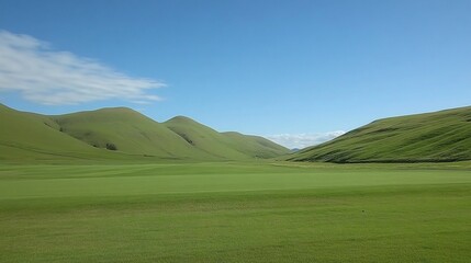 Obraz premium Serene green valley golf course under blue sky