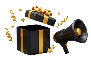 3D Black Friday sale set icon. Shopping promotion and discount. Megaphone, price tag, gift box and alarm clock with flash. Cartoon creative design icon isolated on white background. 3D Rendering