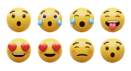 Set Icon Smile Emoji. Realistic Yellow Glossy 3d Emotions face surprised, romantic, loud laughter, nervous experience, calm.