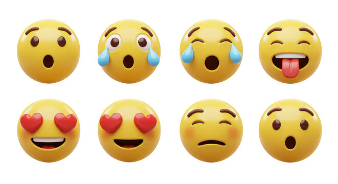 Set Icon Smile Emoji. Realistic Yellow Glossy 3d Emotions face surprised, romantic, loud laughter, nervous experience, calm.