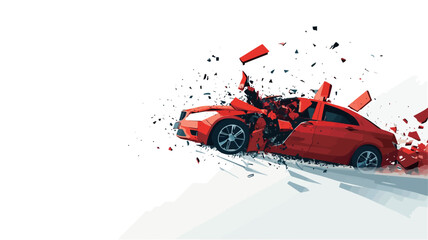The image is a 3D rendering depicting a red car in the process of a violent collision or explosion. The car is rendered in detail, showing its body disintegrating into numerous red fragments