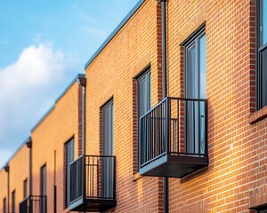Fototapeta premium Classic Europeanstyle townhomes with brick facades and wrought iron balconies, Real Estate TownhouseTownhome, timeless architectural charm