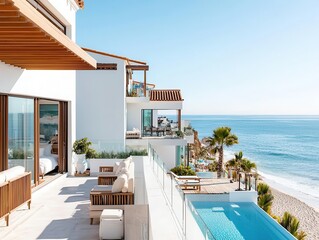 Fototapeta premium Coastal townhomes with wraparound terraces and ocean views, Real Estate TownhouseTownhome, luxury seaside retreats