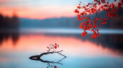 Autumn sunset reflecting on calm lake