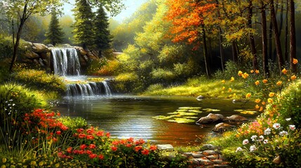 Serene Waterfall in a Lush Forest Landscape