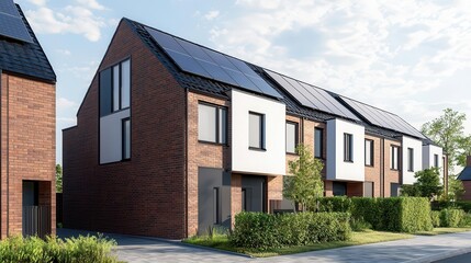 Fototapeta premium Ecofriendly townhouse with rainwater collection and solar power, Real Estate TownhouseTownhome, sustainable housing