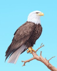 Majestic American Bald Eagle Perched on a Branch, Isolated Against Blue Background