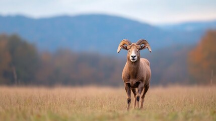 Naklejka premium Bighorn sheep approaching in autumn meadow